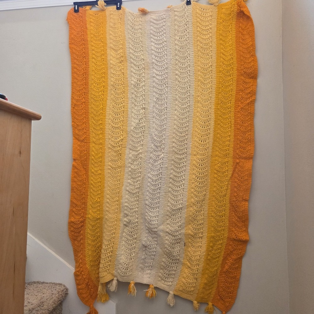 VTG Retro Crochet Afghan Throw Blanket Handmade Orange Yellow Boho cozy cottage